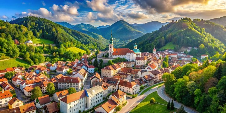 Aerial View of Idrija, Slovenia: Charming Town Nestled in Green Hills