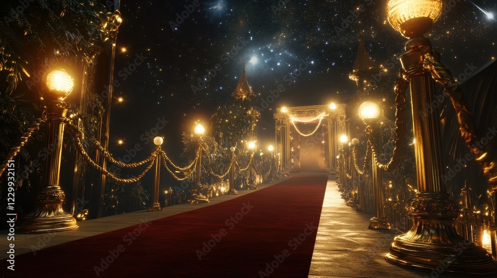 Wall mural A nighttime red carpet view with golden stanchions and ropes reflecting light from bright, starry backdrops.