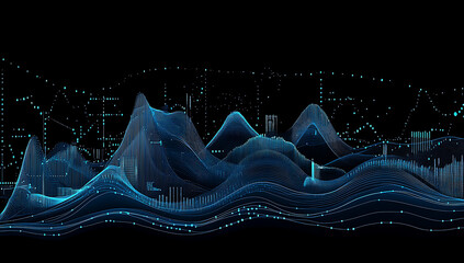 A striking abstract visualization of data trends, represented as a landscape of interconnected lines and points of light against a dark background