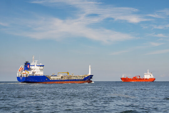 Chemical tankers Coolwater and Stenberg passing each other on Elbe Approach TSS in German Bight, North Sea, Germany