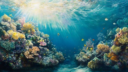 Naklejka premium Vibrant Coral Reef Landscape Underwater with Sunlight Rays