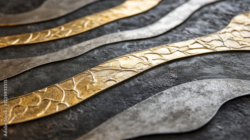 Poster a close-up of interwoven line patterns in metallic silver and gold, on a dark textured background, c