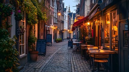 Fototapeta premium Charming Cobblestone Street with Twinkling Lights at Dusk