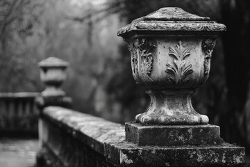 Closeup of an old stone balustrade with moss in a garden