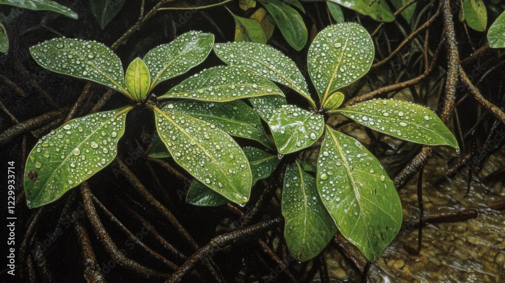 Poster a close-up of mangrove leaves with water droplets, capturing the details of their texture and color 