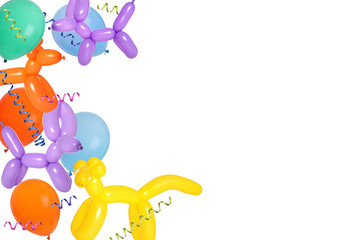 Bright balloons and party streamers on white background