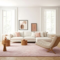 A bright and airy living room bathed in natural light from large,paned windows overlooking a lush garden. The room is anchored by a plush, light sectional sofa adorned with soft, neutral pillows.