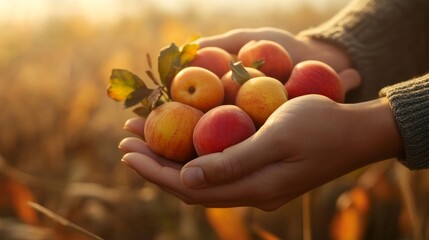 Close-up of hands holding fresh fruits and vegetables, showcasing a bountiful harvest. A blurred sunny farm field in the background emphasizes natural and organic farming