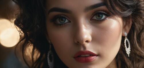 Fototapeta premium Beautiful cinematic beauty macro woman face close-up wearing sensual light make-up