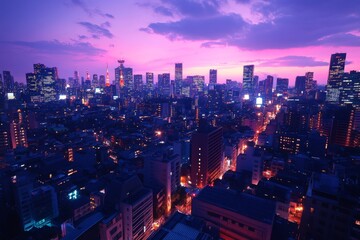 City skyline at sunset with vibrant lights