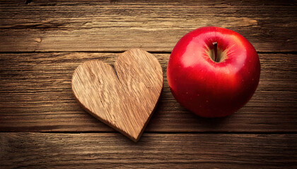 Captivating still life of a red apple and a wooden heart on rustic grunge wood background nature-inspired composition close-up perspective for emotional appeal
