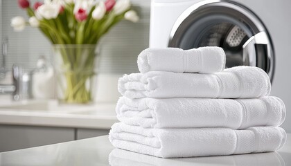 Neatly stacked white towels on a countertop with a washing machine in the background and a vase of flowers, creating a fresh and clean atmosphere.