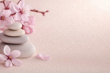 Serene spa scene: Stacked stones and delicate blossoms create a peaceful atmosphere.