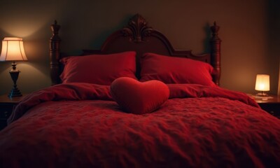 Red heart shaped pillow lies on the bed in a cozy bedroom. Pillow is soft and fluffy