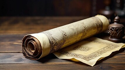 Parchment scroll on the wooden table