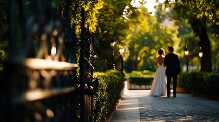 Fototapeta premium Newlyweds Stroll Through a Sun-Drenched Garden Path