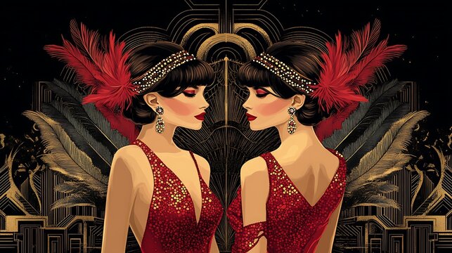 Embrace the opulence of Art Deco fashion with this captivating illustration. Flappers donning beaded dresses and feathered headbands exude chic style and the liberated spirit of the 1920s. Geometric 