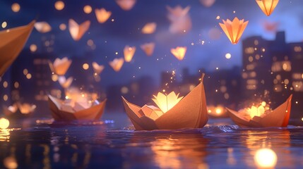 Floating Lanterns Glow in Serene Night Over Calm Water Landscape