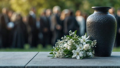 Dark gray cremation urn with rough textured surface placed on stone tiles with white flowers, friends and family gather for summer outdoor funeral service to honor loved one. Template with copy space
