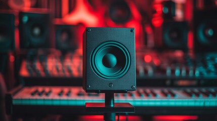 Fototapeta premium A close-up view of a professional studio monitor speaker, highlighting its precision and craftsmanship, set against a blurred background of recording equipment
