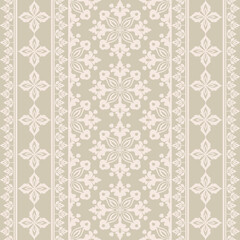 Vector Damask seamless Pattern with Cream Motifs on Grey Background. 