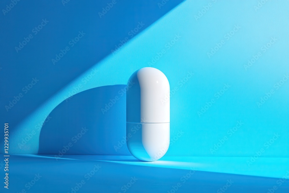 Poster Modern white capsule resting on a vibrant blue surface with soft shadows and lighting