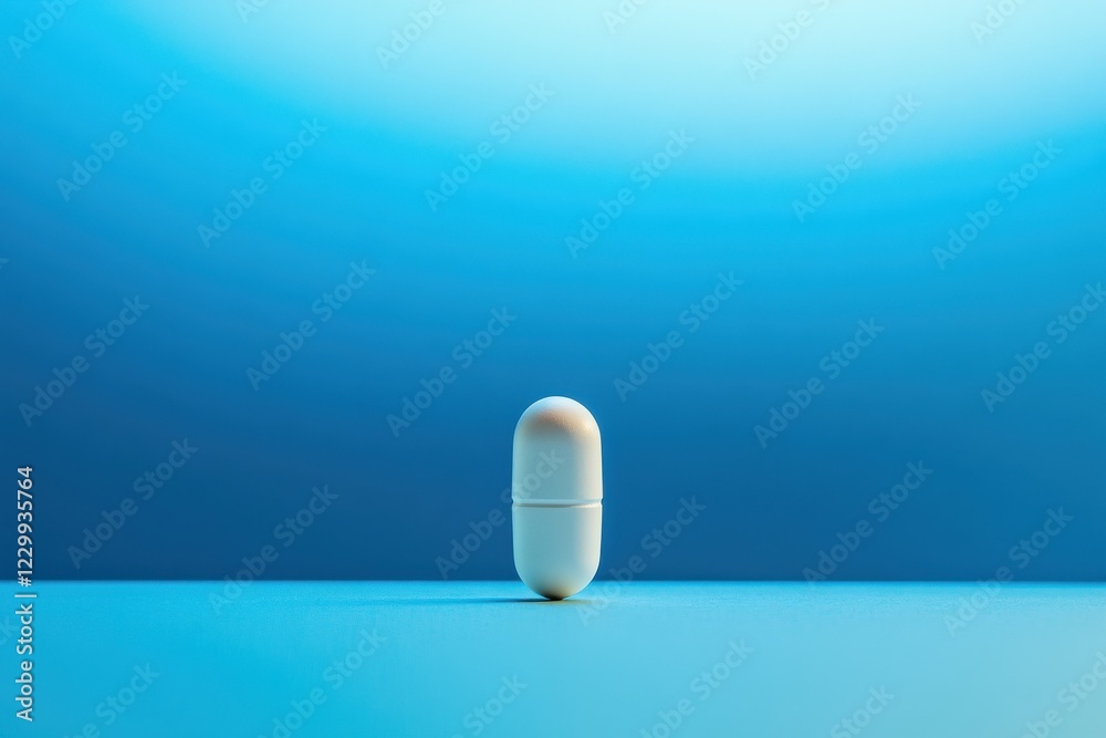 Aufkleber Pill stands upright on a blue surface creating a minimalist and modern aesthetic in a calm setting