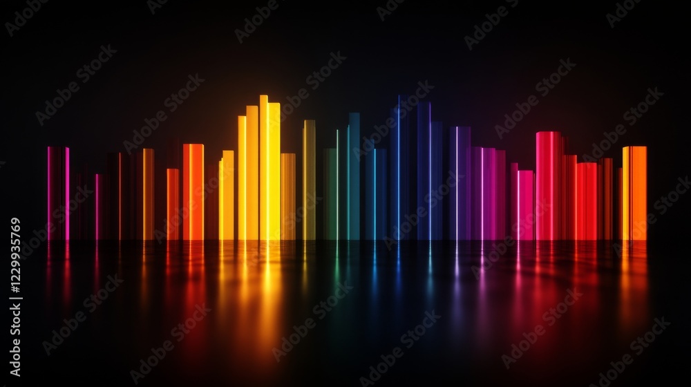 Poster a colorful d bar chart with tall, glossy bars on a black reflective surface, with warm spotlighting 