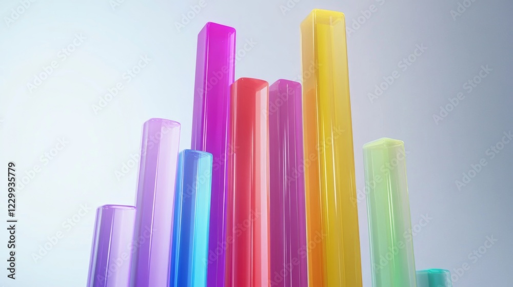 Poster a colorful d bar chart with tall, polished bars on a white background, with each bar casting soft sh