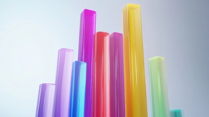 Obraz premium A colorful D bar chart with tall, polished bars on a white background, with each bar casting soft shadows for a vibrant, modern effect