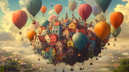 Obraz premium Colorful Hot Air Balloons Over a Floating Cityscape Landscape