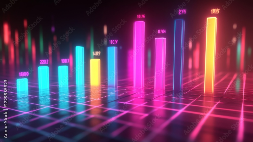 Aufkleber A colorful D bar graph rising on a grid background, with glowing bars representing data growth, and labels indicating different statistics.