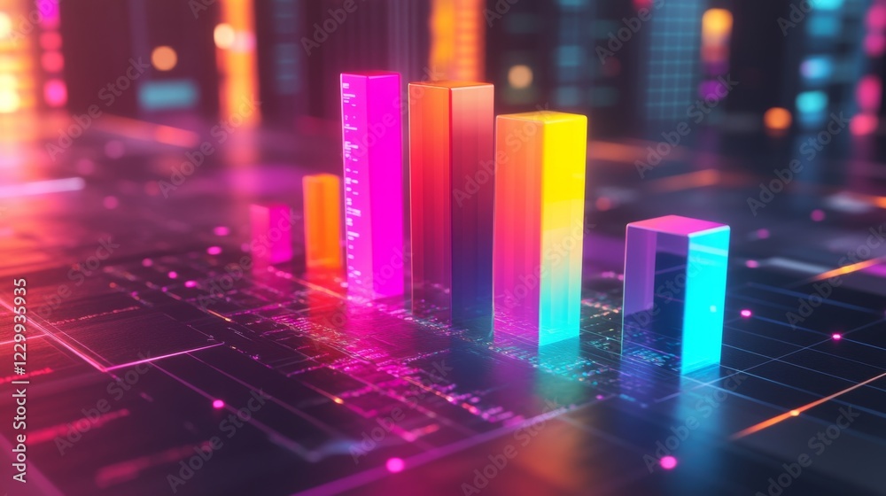 Leinwandbilder a colorful d bar graph rising on a grid background, with glowing bars representing data growth, and 
