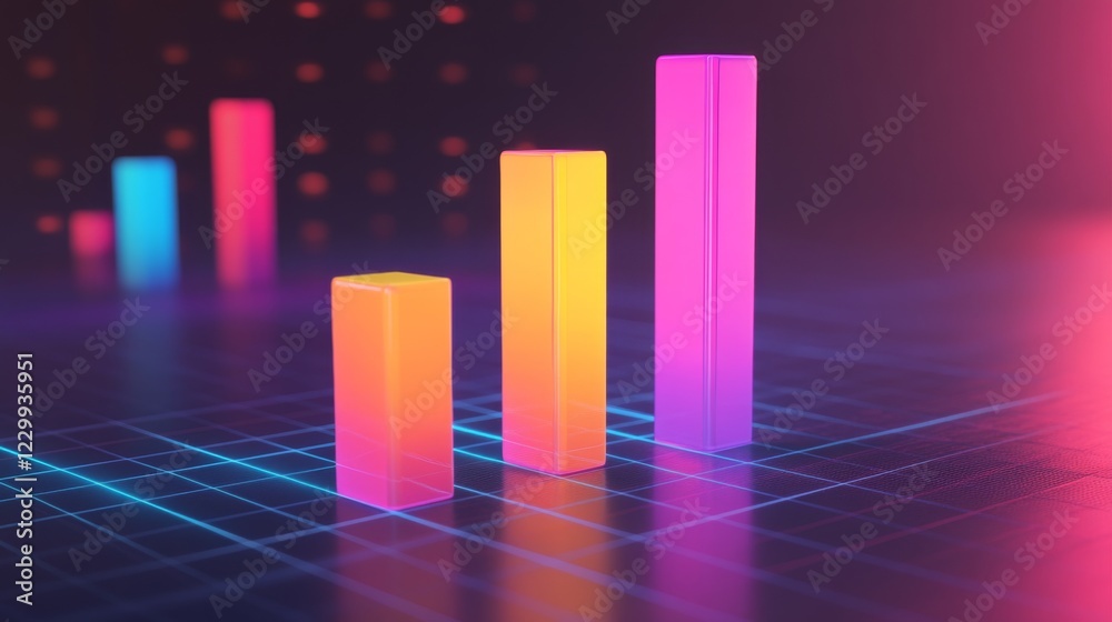 Leinwandbilder A colorful D bar graph rising on a grid background, with glowing bars representing data growth, and labels indicating different statistics.