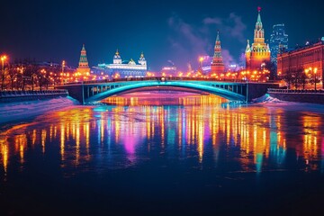 Obraz premium Cityscape of Moscow river with vibrant evening lights