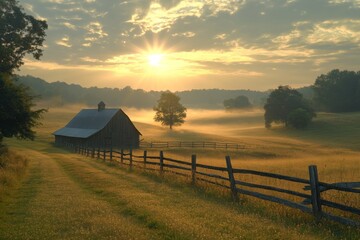 Rustic wooden fence and small haystack on a green rural meadow