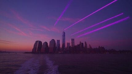 Fototapeta premium Pink laser beams over Manhattan skyline at sunset.