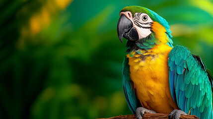 Fototapeta premium Vibrant macaw perched on branch, showcasing colorful feathers in lush environment