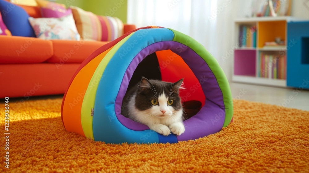 Poster a colorful cat house shaped like a tent, with soft fabric and a cushioned interior, set on a plush c