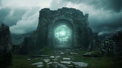 Fototapeta premium Enigmatic Portal Surrounded by Ancient Ruins Under Dark Skies