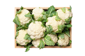 Cauliflower in wooden crate isolated on white background. Top view.