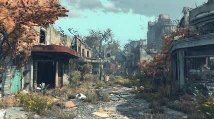 Abandoned Urban Landscape with Overgrown Vegetation and Ruins