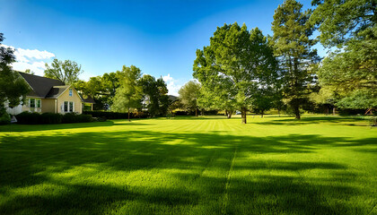 Obraz premium Serene suburban scene: a charming house nestled amongst lush green lawns and mature trees under a vibrant blue sky. Perfect for real estate, travel, or lifestyle projects.