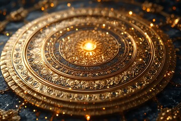 Radiant Golden Mandala with Glowing Center on Dark Backdrop



