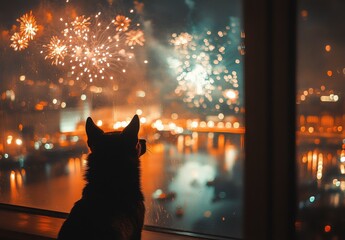 A Dog Watching Colorful Fireworks Display from a Window in a City During Night, Captivated by the Brilliant Light and Colors of Festivities