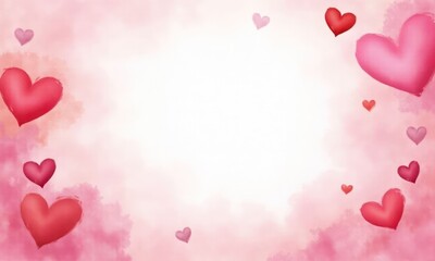 Festive pastel background with scattering of red hearts of different sizes and arranged in different positions