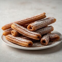 A close view of churros dusted with powdered sugar, perfectly laid out on a white plate, capturing their inviting golden-brown hue and delightful sweetness.