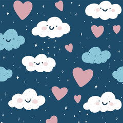 Cute background with a hand drawn clouds and hearts pattern