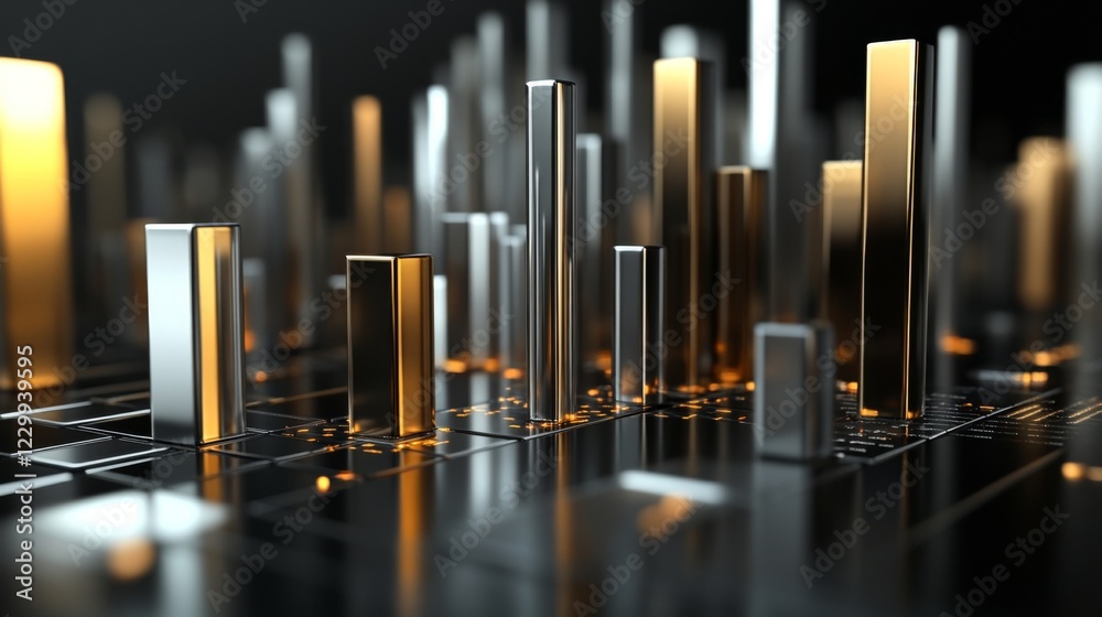 Aufkleber A corporate bar graph with silver and gold bars, representing financial performance, set against a dark background with subtle reflections and floating labels.