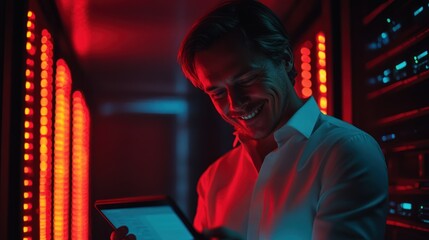 Happy IT specialist using tablet in server room.